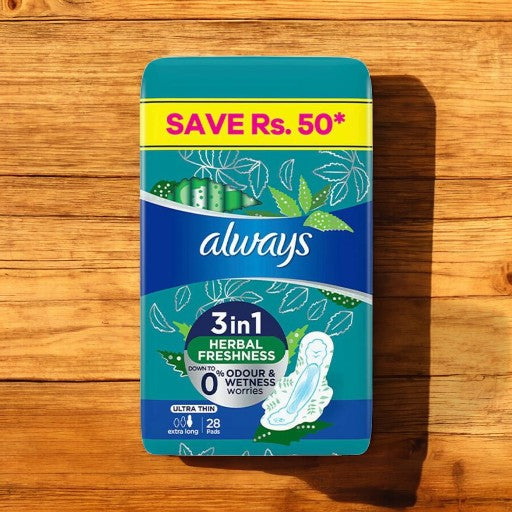 Always 3 IN 1 Herbal Refreshness No Leaks, Irritation & Odor Worries Ultra Thin Extra Long 28 Pads