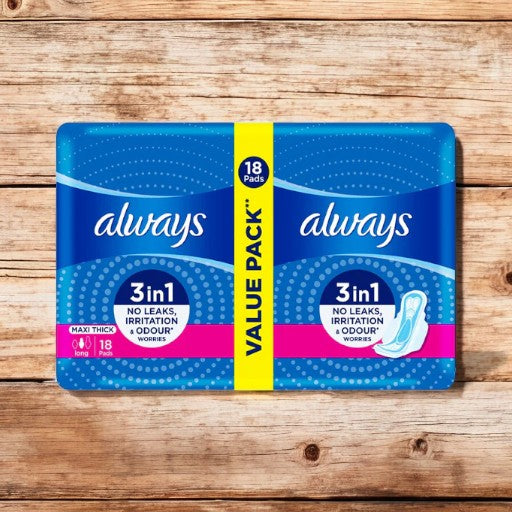 Always 3 IN 1 No Leaks, Irritation & Odor Worries Maxi Thick Long 18 Pads