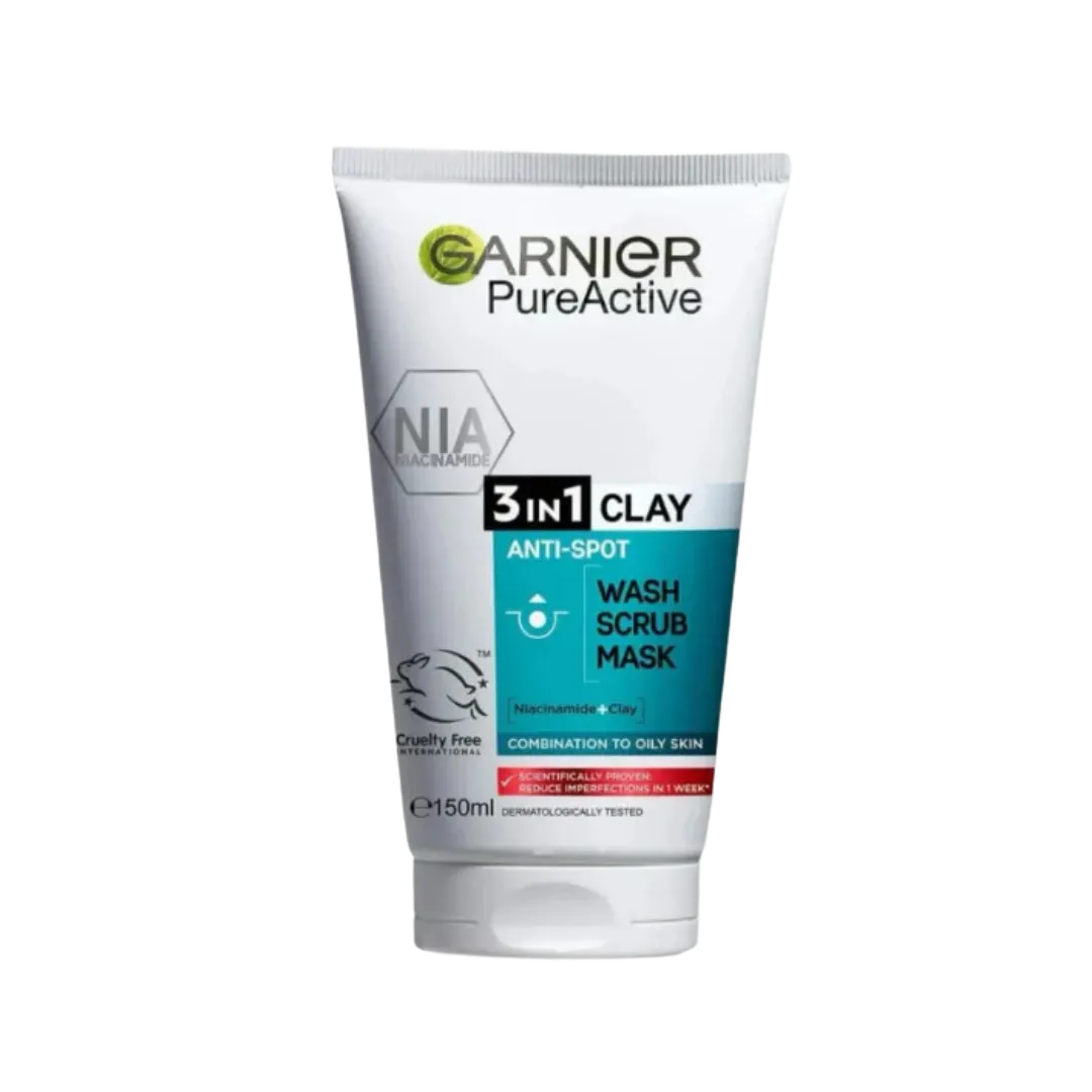 GARNIER Pure Active 3 in1 Clay Wash, Scrub, Mask